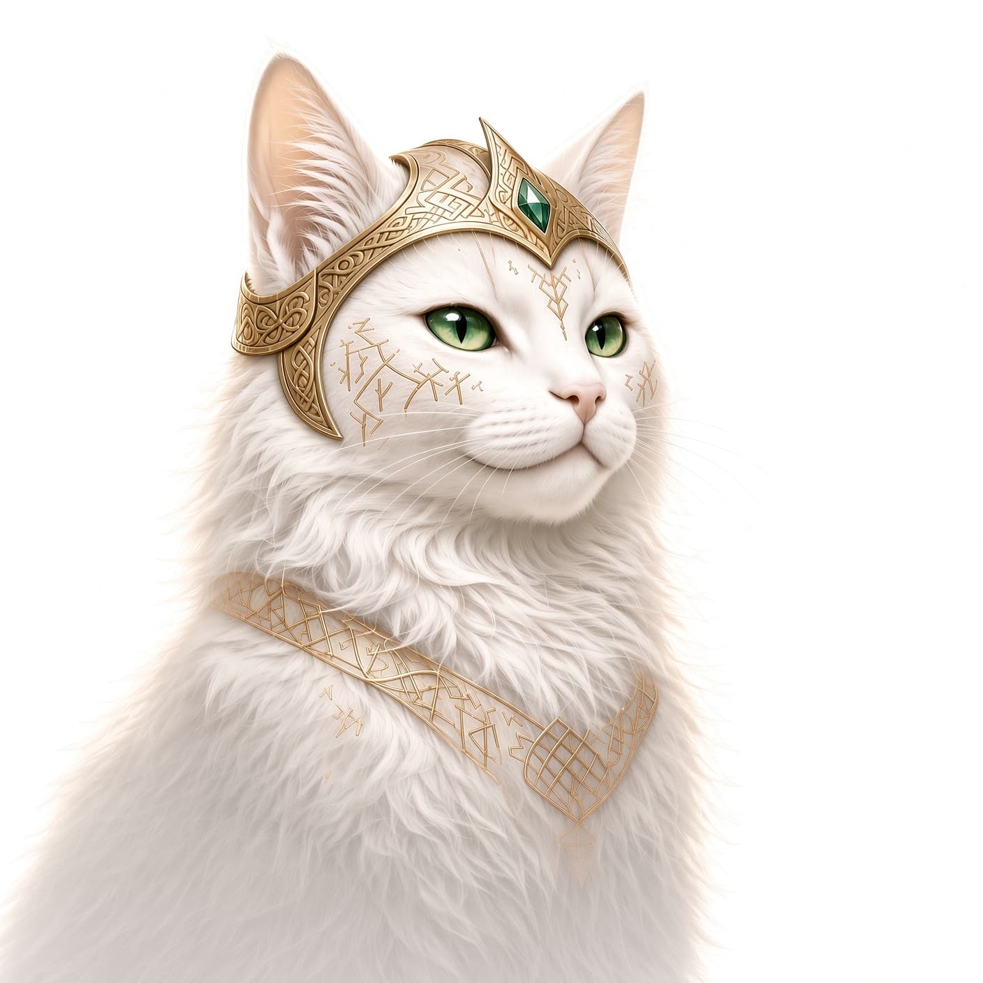 Freya Cat, a white winged cat wearing a golden Norse circlet