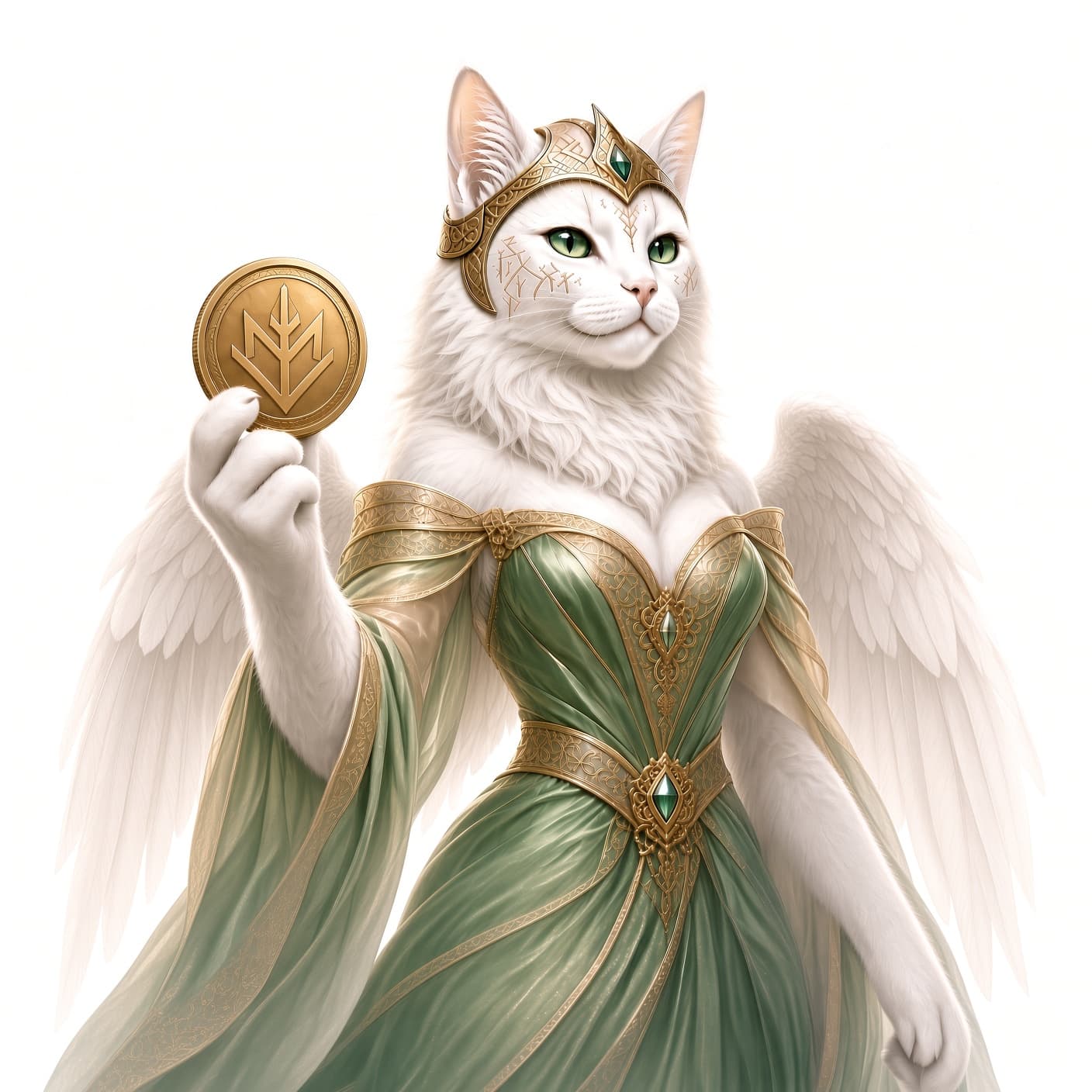 Freya Cat holding a golden rune-marked coin